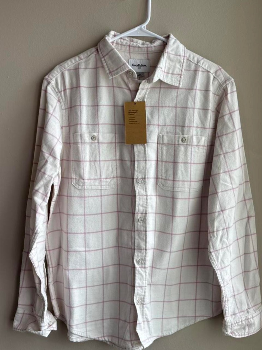 Goodfellow & Co Men's White Shirt with Pink Windowpane Plaid